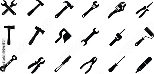 Hand tools silhouette icon set wrench hammer saw pliers screwdriver roller axe black vector repair equipment collection