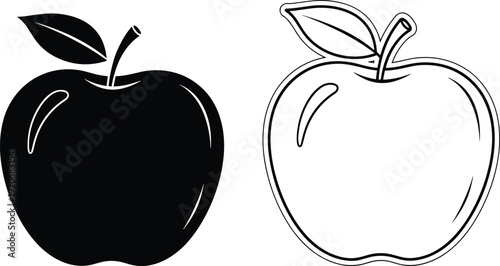 Black apple silhouette and detailed line art sketch isolated on white background, cad drawing flat vector illustration for organic food