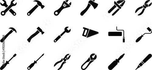 Hand tools silhouette icon set wrench hammer axe pliers saw screwdriver paint roller black vector repair collection