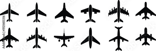 Airplane silhouettes collection passenger jet aircraft top view icon set black vector aviation transport design elements bundle
