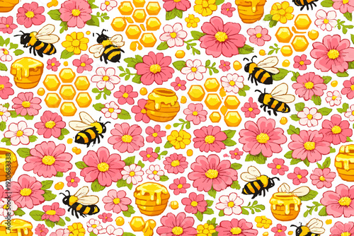 Bees and flowers in a colorful design that shows honey, flowers, and bees in a bright arrangement across the canvas