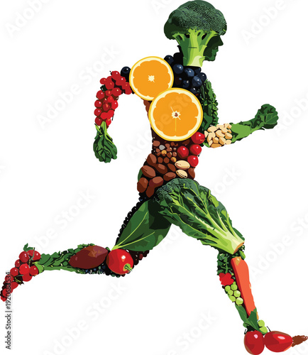 Running man silhouette made of healthy fruits and vegetables including broccoli orange and berries for fitness nutrition and wellness concept