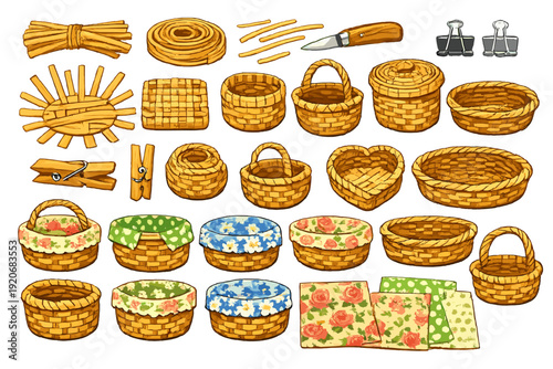 Many woven baskets and weaving materials are displayed on a flat surface in a simple arrangement showing various shapes and colors