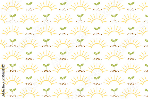 Pattern of sun and leaves displayed on a white background with simple colors and shapes for design purposes