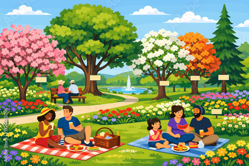 Families and friends enjoy a picnic in a park with flowers and trees during a sunny day in spring or summer
