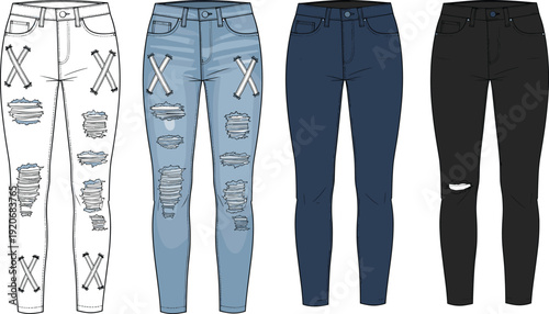 Women ripped and distressed denim skinny jeans collection cad drawing flat vector illustration technical fashion sketch with cross stitch details