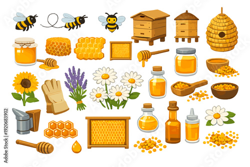 Bees, honey, and tools for beekeeping with flowers and honey products arranged on a white background