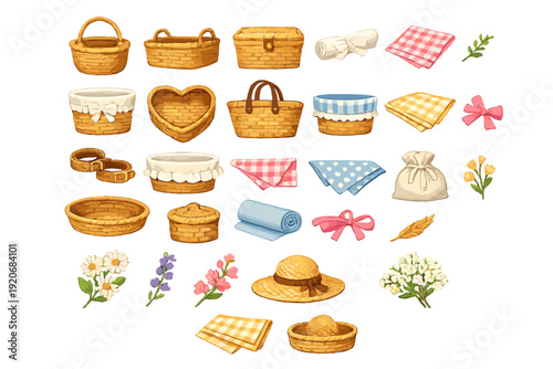Illustration shows various baskets, fabrics, and flowers on a white background with different designs and shapes for crafts or decorations
