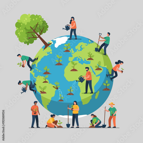 People planting trees on planet Earth, global reforestation, environmental protection, eco-friendly concept