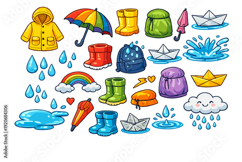Bright colors and rainy day items arranged in a fun design for arts and crafts activities in springtime