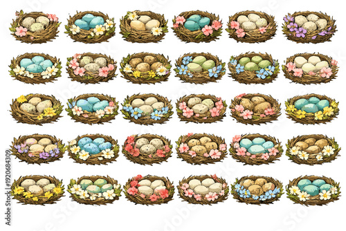 Various bird nests with eggs and flowers arranged in rows on a white background during springtime