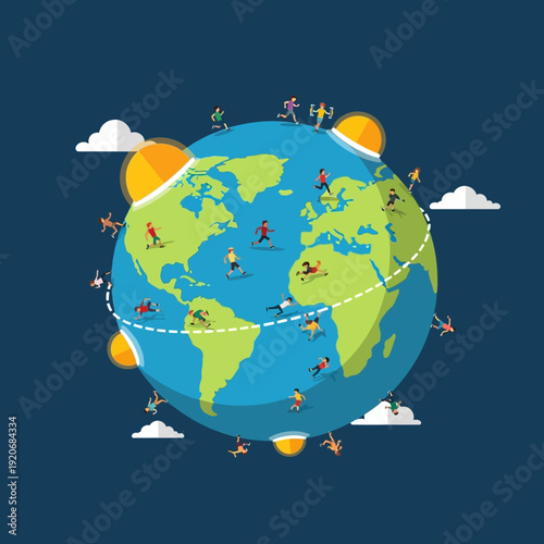 Global Community: Diverse People Exercising and Traveling Around the Earth