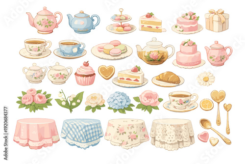 Tea party scene with various cakes, teapots, and flowers arranged in a colorful display for a festive gathering