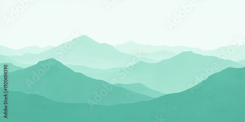 A serene blue mountain landscape at dawn features a mist-covered valley and forest silhouettes under a soft morning sky where clouds drift past a majestic peak