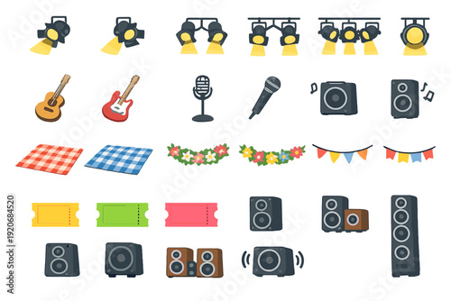 Different items used for concerts and outdoor events with lights, instruments, sound equipment, and decorations