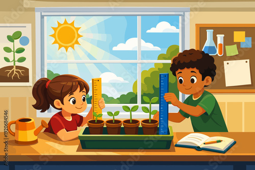 Children learn about plant growth while measuring their seedlings in a bright classroom setting during the day