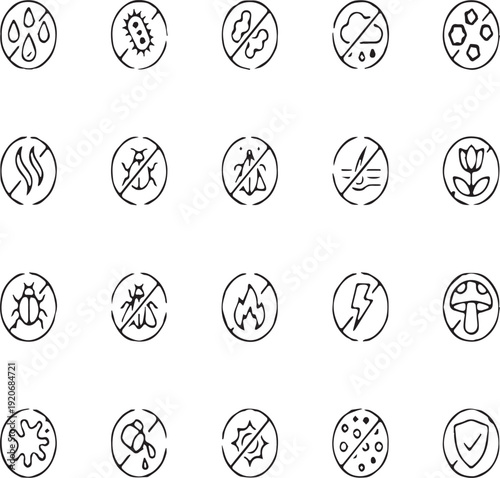 Collection of hand drawn icons indicating protection and avoidance of elements like water bacteria insects mold and allergens