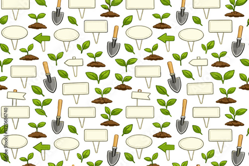 Gardening tools and plant signs arranged in a repeating pattern