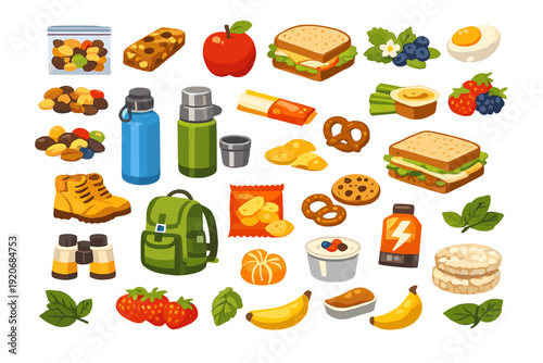 Outdoors snack selection with water, sandwiches, fruits, and hiking gear ready for a day of activities