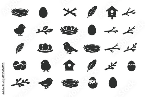 Various bird-related shapes and symbols on a white background showing nests, eggs, and birds during spring season