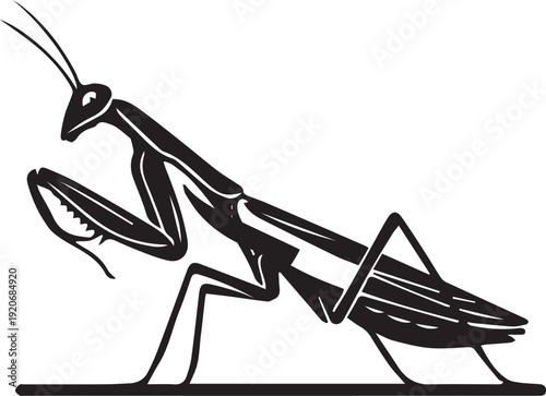 Black and white silhouette of a praying mantis insect in a side profile view