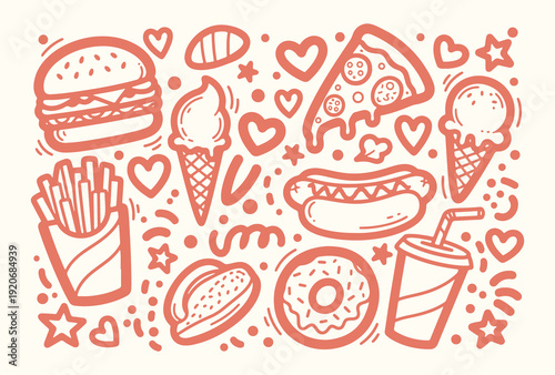 Hand drawn fast food doodle set with burger pizza hot dog and sweets in monochrome line art style
