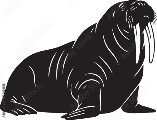 Black silhouette of a walrus with tusks on a white background