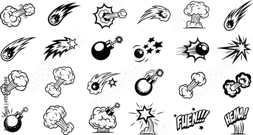 Black and white cartoon explosion graphics collection