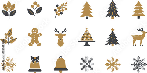 Christmas elements collection in gold and dark grey