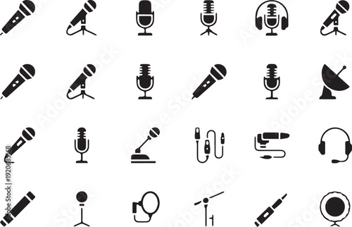 Microphone Audio Equipment Icons Collection Broadcasting Podcast Recording Sound Voice Studio Elements