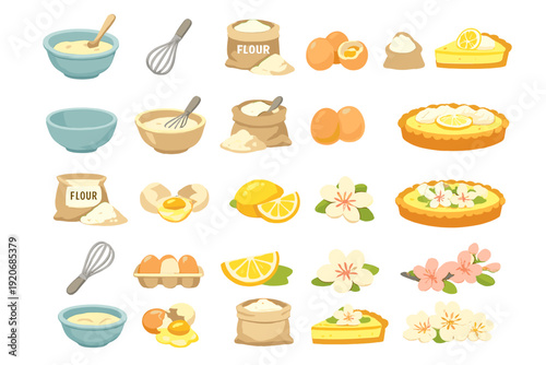 Baking process with various ingredients and tools for making lemon tart and other desserts in a kitchen setting