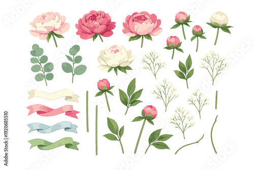 Floral design elements with peonies, greens, and ribbons for crafts or decorations