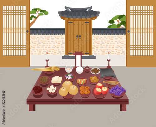 Traditional Korean Ancestral Memorial Rite Table with Sunrise Landscape