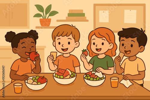 Children enjoy snacks and fruits while sitting at a table in a bright room