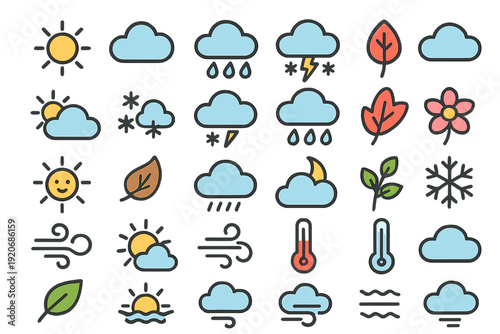Weather symbols showing different conditions like sun, rain, clouds, temperature, and seasons