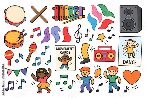 Children enjoy music and dance with colorful instruments and fun activities at a playful event in a community center