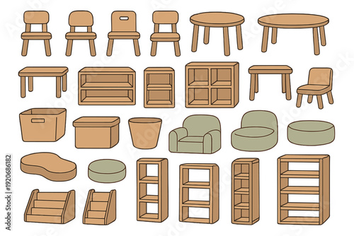 Different types of wooden furniture including chairs, tables, and storage items