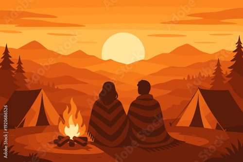 Couple watches sunset while sitting by the campfire with tents in the background during evening in the mountains