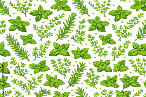 Patterns of green herbs on white background featuring various plants like mint and rosemary in a detailed arrangement