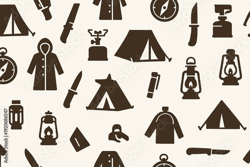 Camping gear and tools on a light background showing tents, knives, lamps, and other items for outdoor activities