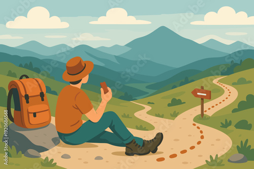 Hiker rests on a rock with a snack while taking a break on a mountain trail in a green landscape