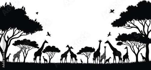 Serene savannah scene with giraffes and trees