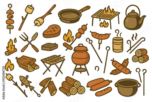 Various cooking tools and elements for fire-based cooking in outdoor settings with a focus on grilling and barbecuing