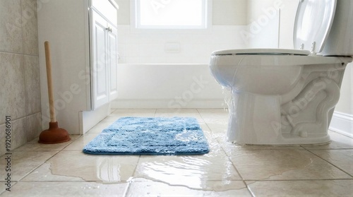 Toilet overflowing with water on a bathroom floor, indicating a plumbing broken pipe problem. Residential water damage and home repair issue.