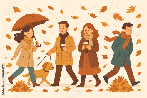 People walk with a dog and umbrellas while holding coffee cups in a park during fall season