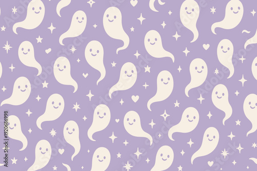 Cute ghosts and stars pattern on purple background for fun decor and craft projects