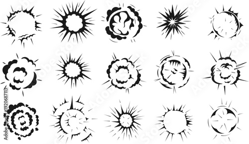 Comic explosion burst set with bold hand-drawn shapes, dynamic impact frames, smoke clouds, and starburst effects. High-contrast black and white elements ideal for comics, manga, pop art, stickers, po