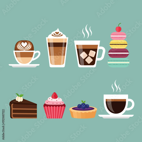 Coffee drinks and desserts assortment: latte, cappuccino, iced coffee, macarons, cake, cupcake, tart