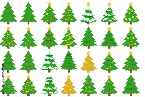 Different types of Christmas trees for decoration designs and holiday themes in various styles and colors within a festive setting