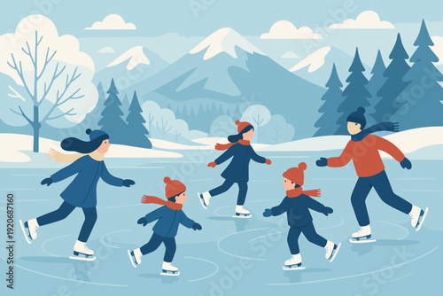 Family enjoys ice skating in a snowy mountain landscape during winter